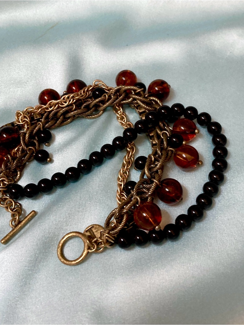 Black Bead and Amber Glass Multi-Strand Bracelet 7. 25”